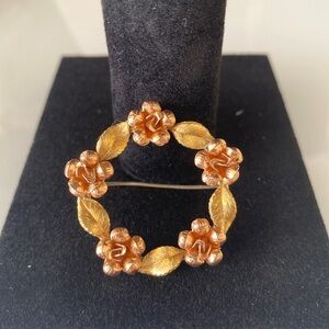 Krementz Gold Plated Round Leaf, Rose Pin Brooch, Signed